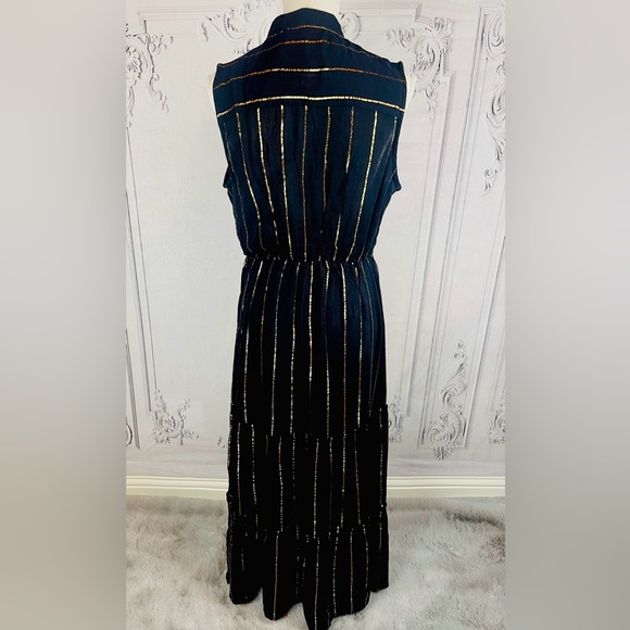 Casual Gold Metallic Striped Loose Relaxed Fit Sleeveless Midi Long Dress - Picture 3 of 8